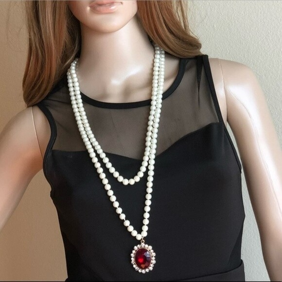 Handmade Layered Glass Pearl Long Red Pendant Necklace - Picture 2 of 7